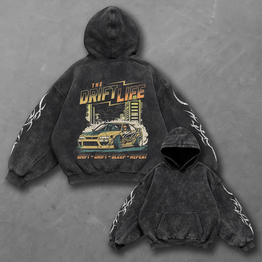 Car Versatile Black Washed Hoodie